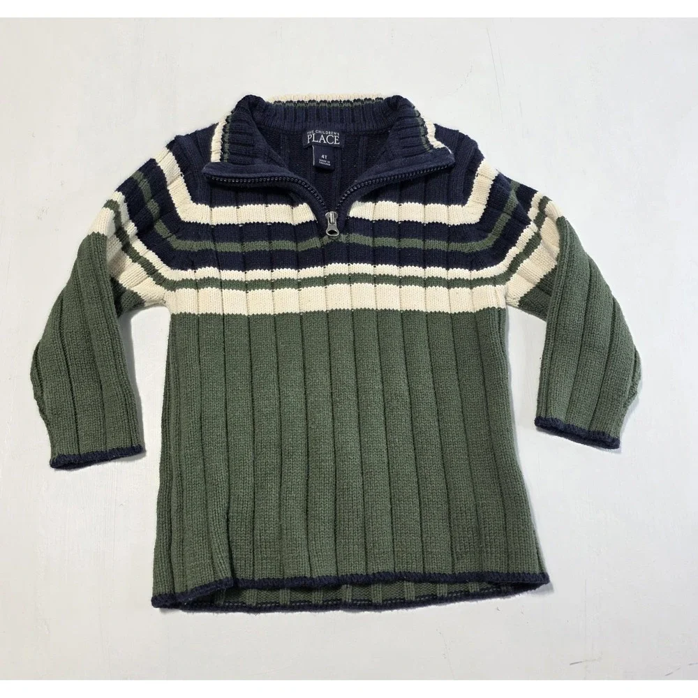 Vintage The Children's Place Sweater Kids 4T Green Navy Stripe Knit Pullover‎